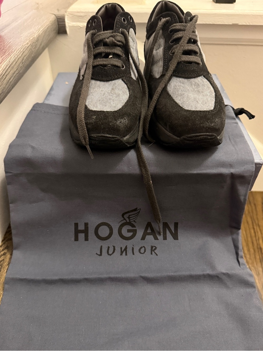 Hogan Junior Black and Gray Suede & Fabric Sneakers